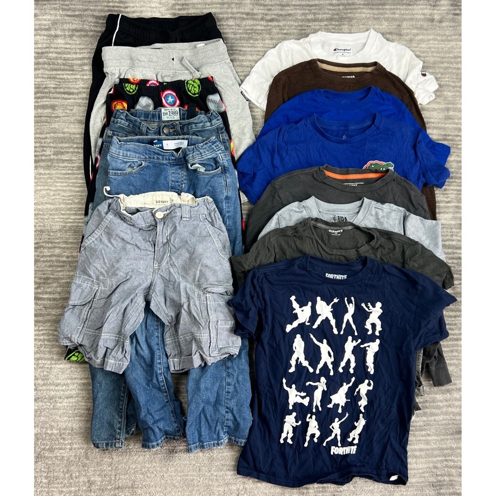 Lot of 14 Boys Size 8 Old Navy Champion Clothing Jeans Shirts Fortnite Marvel